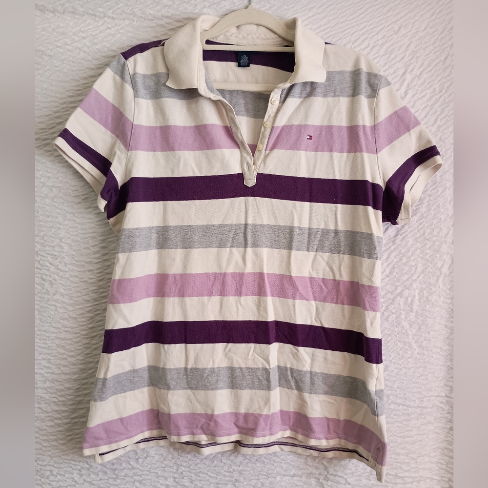 💸2/$20💸 Tommy Hilfiger Cotton Purple and Gray Striped Polo Shirt XL